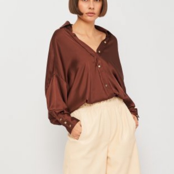 Zara brown satin half button down blouse size S - Picture 3 of 9